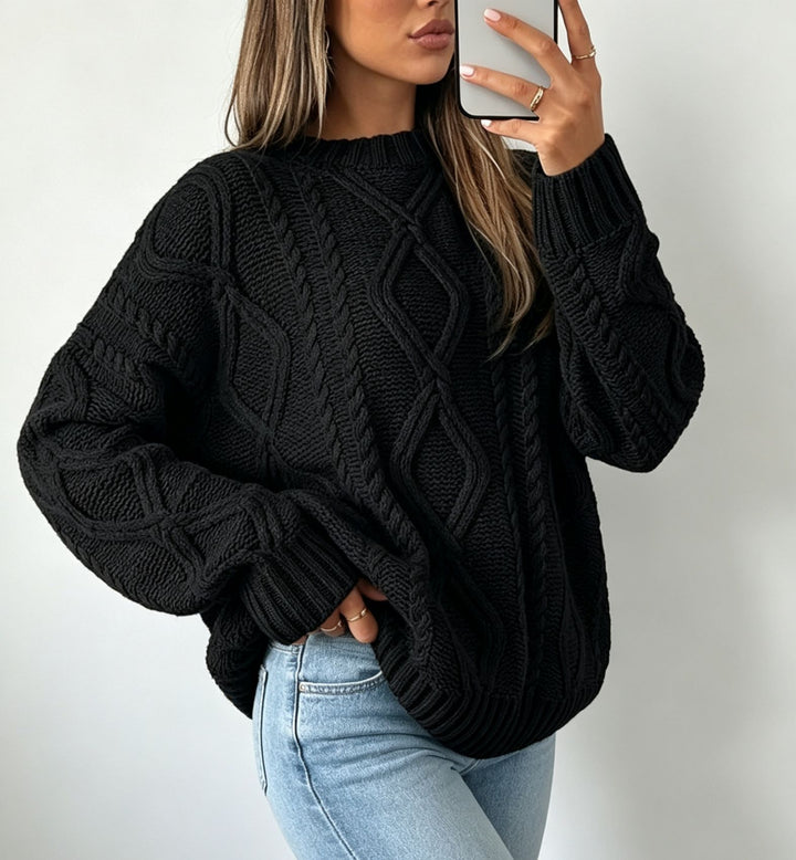 Damen Oversize Flechtstrick-Pullover mit Zopfmuster und Rundhals Drune