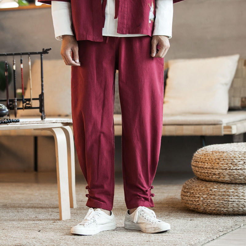 Herren Lässige Leinenmix-Hose mit Tunnelzugbund, verengtem Fußabschluss und Knoten-Detail Drune