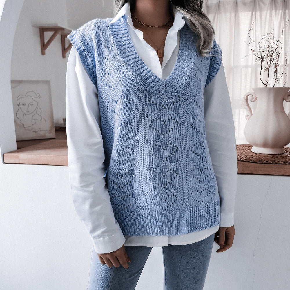 Damen Strickweste mit V-Ausschnitt und Herzmuster Drune
