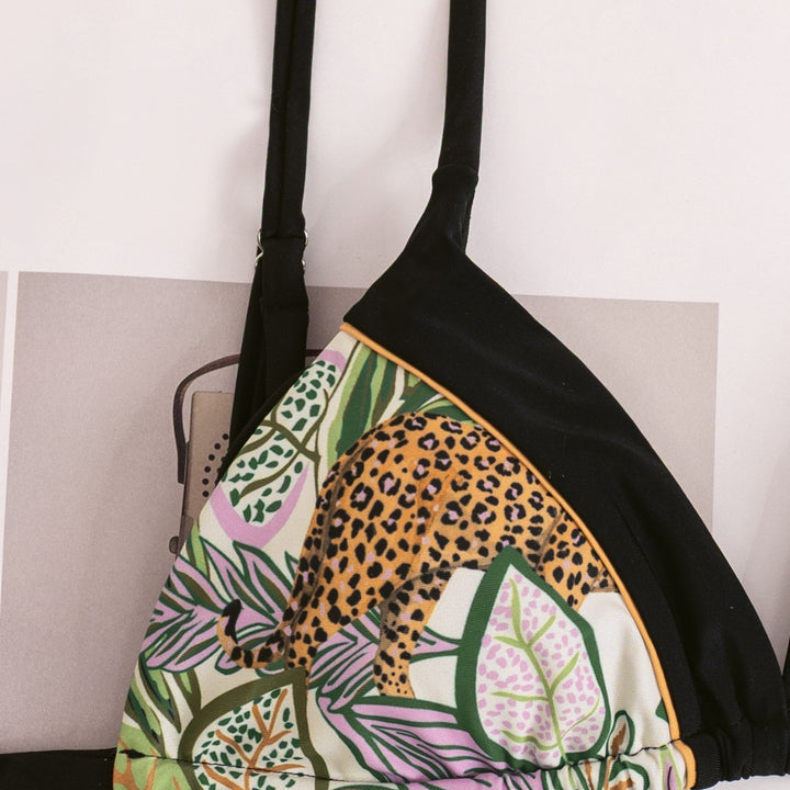 Damen Triangel-Bikini mit tropischem Muster und kontrastierenden Schwarzdetails Drune