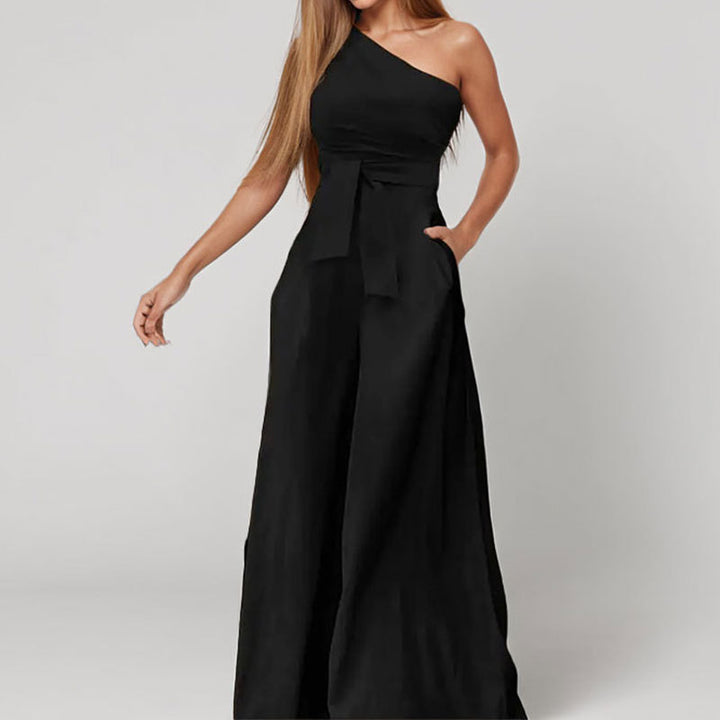 Damen Eleganter One-Shoulder Jumpsuit mit Taillengürtel und weiten Beinen Drune
