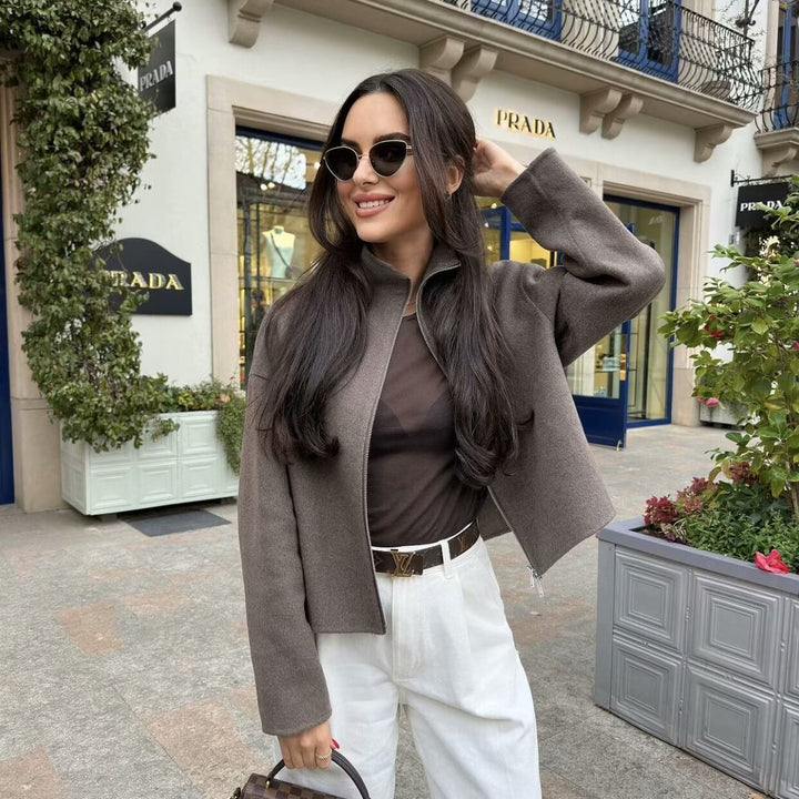 Damen nan kurz geschnittene Wolloptik-Zipjacke mit Stehkragen und Oversize-Ärmeln Drune