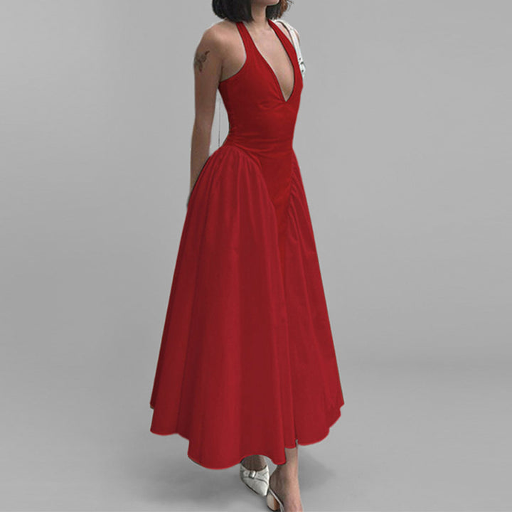 Damen Abendkleid mit tiefem V-Ausschnitt und voluminösem Rock Drune