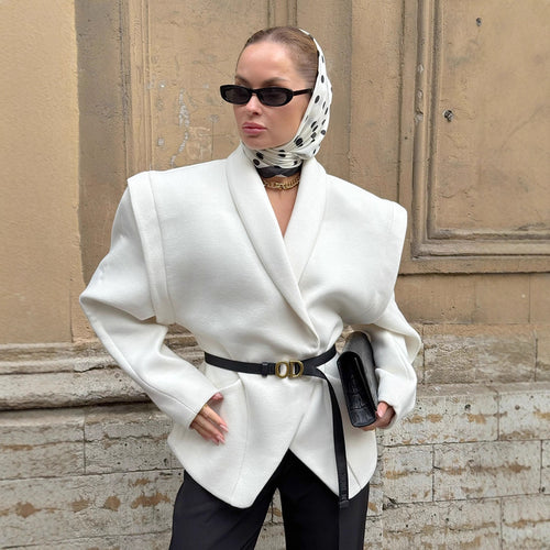 Damen Modischer Oversized-Wollmantel mit tailliertem Design und Gürtel Drune