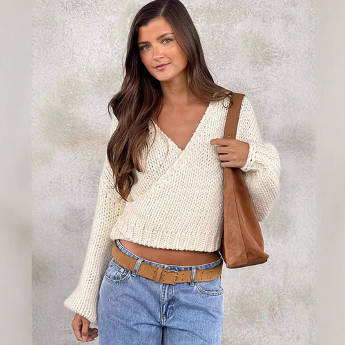 Damen modischer Wickelpullover mit tiefem V-Ausschnitt und voluminösen Ärmeln Drune