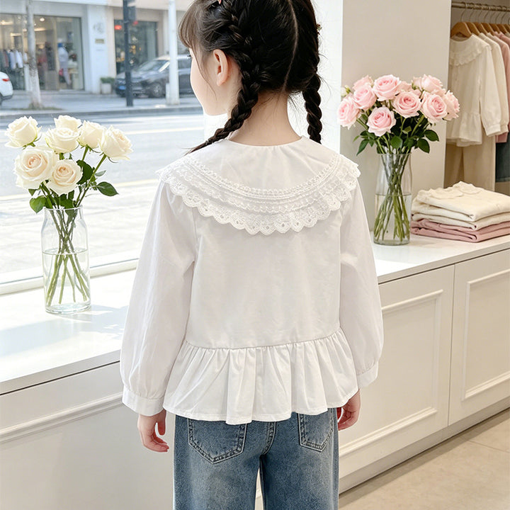 Mädchen elegante Bluse mit Spitzensaum und Rüschendetails Drune