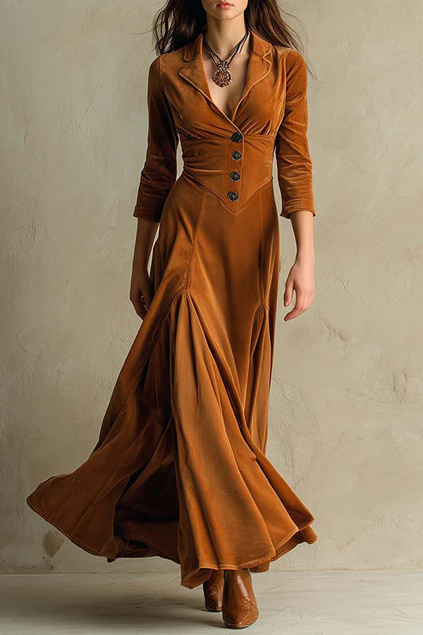 Damen Samt-Midaxi-Kleid mit tailliertem Sakko-Oberteil, V-Ausschnitt und weitem Stufenrock Drune