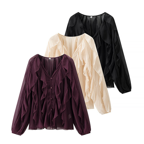 Damen Voluminöse Chiffonbluse mit mehrlagigen Volants und Knopfverschluss Drune