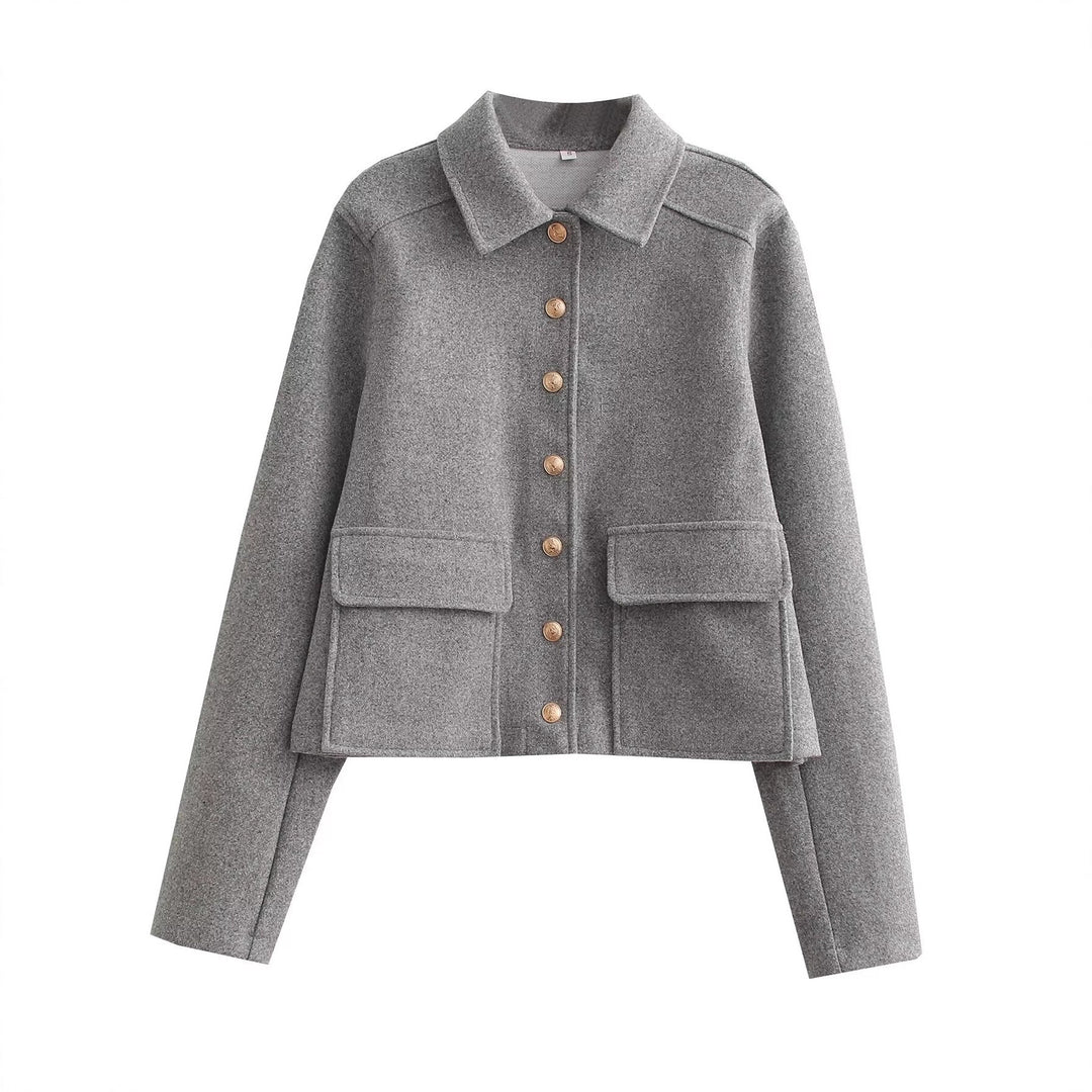 Damen Kurztaillierte Wolljacke mit Zierknöpfen und Pattentaschen Drune