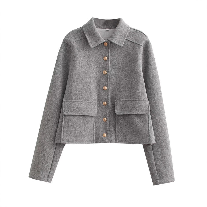 Damen Kurztaillierte Wolljacke mit Zierknöpfen und Pattentaschen Drune