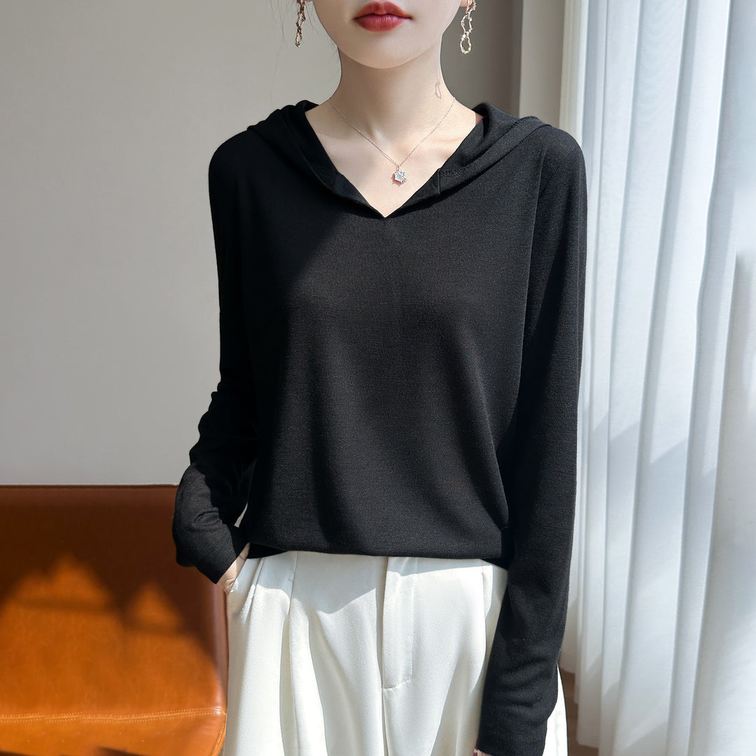 Damen Leichter Kapuzenpullover mit V‑Ausschnitt und feinem Jersey Drune