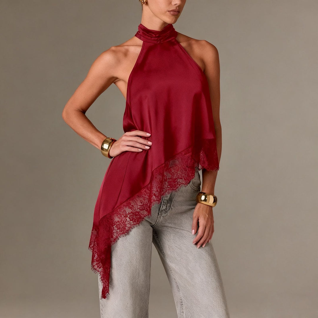 Damen luftiges Chiffon-Top mit eleganter Spitzenverzierung Drune