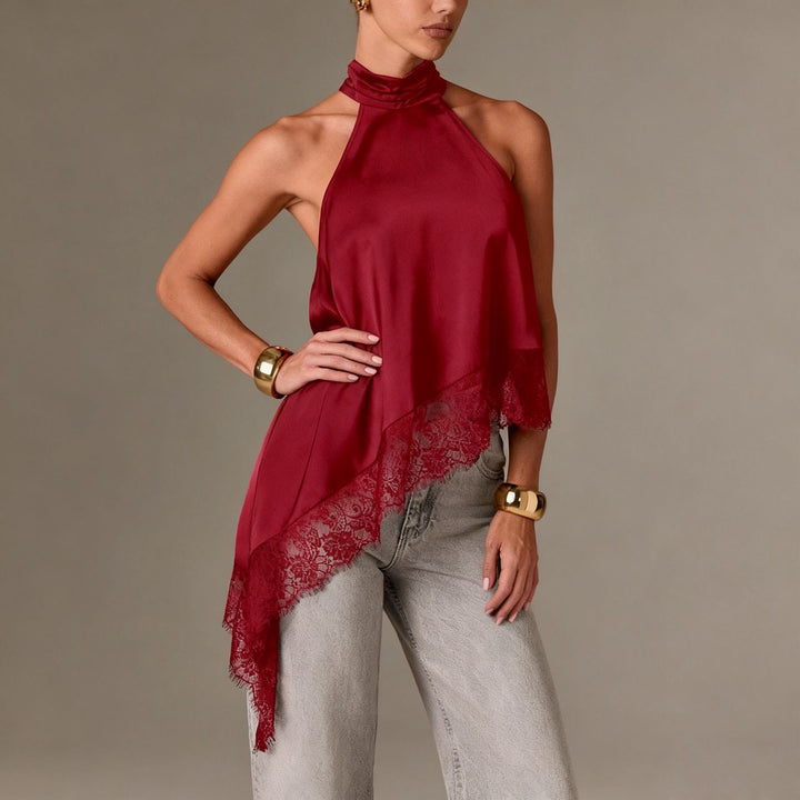 Damen luftiges Chiffon-Top mit eleganter Spitzenverzierung Drune