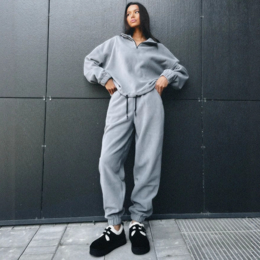 Damen kuscheliges Fleece-Set mit Stehkragen und hohem Bund Drune