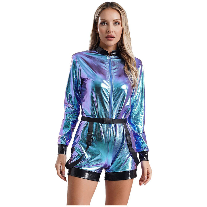 Damen Futuristischer Glanz-Jumpsuit mit Reißverschluss und abnehmbarem Gürtel Drune