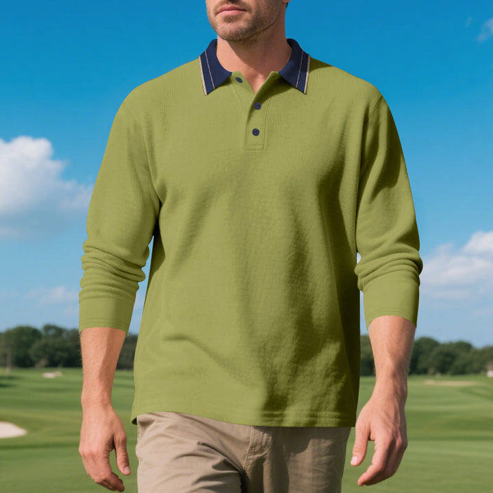 Herren elegantes Langarm-Polohemd mit kontrastierendem Kragen und modischen Knopfdetails Drune