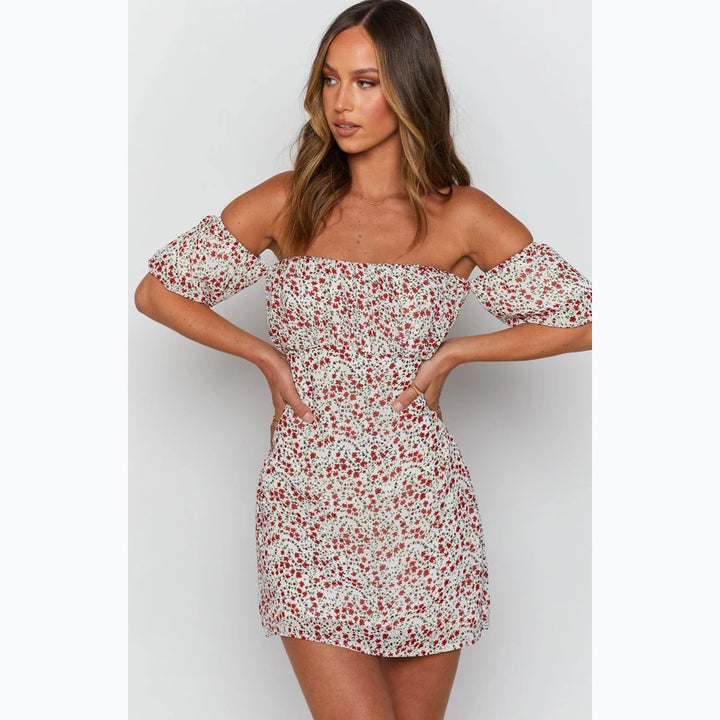 Damen Off-Shoulder Minikleid mit voluminösen Ärmeln und floralem Design Drune