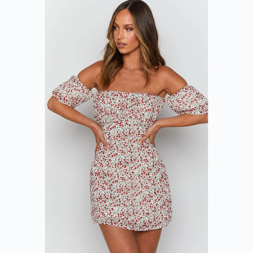 Damen Off-Shoulder Minikleid mit voluminösen Ärmeln und floralem Design Drune