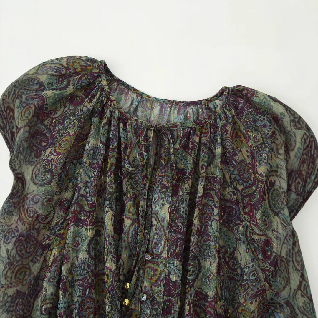 Damen nan gerafftes Paisley-Minikleid mit Smok-Taille, Volantstufen und Ballonärmeln Drune
