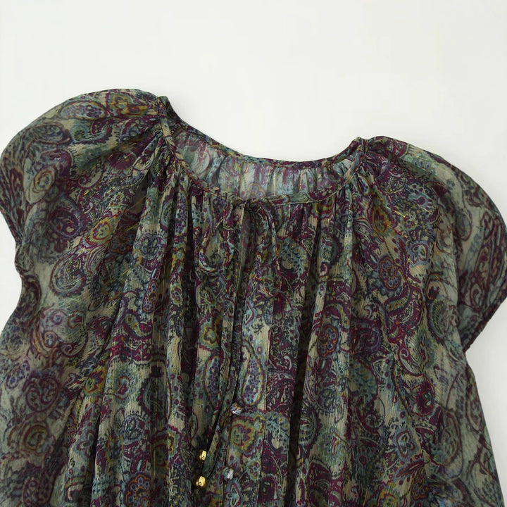Damen nan gerafftes Paisley-Minikleid mit Smok-Taille, Volantstufen und Ballonärmeln Drune