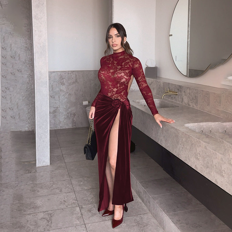 Damen Elegantes Maxi-Kleid mit Spitze und raffiniertem Taillengürtel Drune
