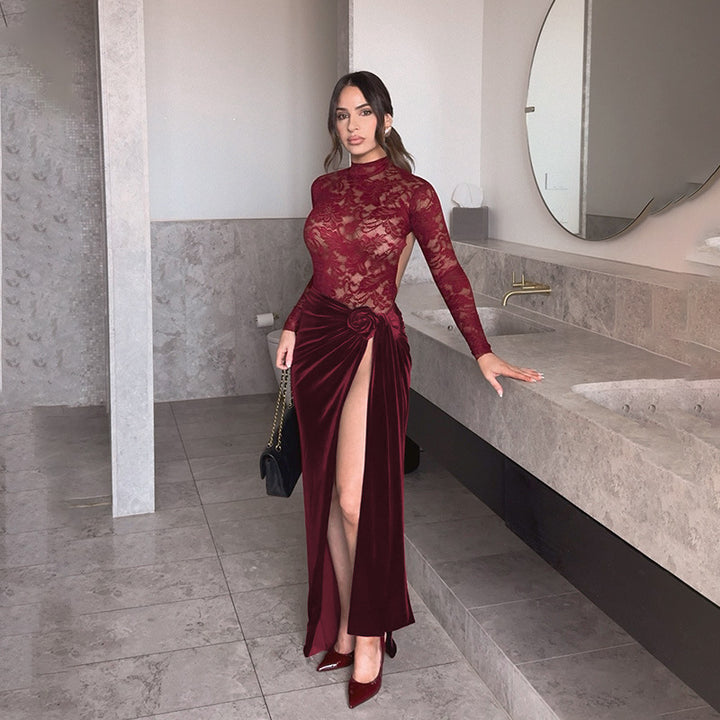 Damen Elegantes Maxi-Kleid mit Spitze und raffiniertem Taillengürtel Drune
