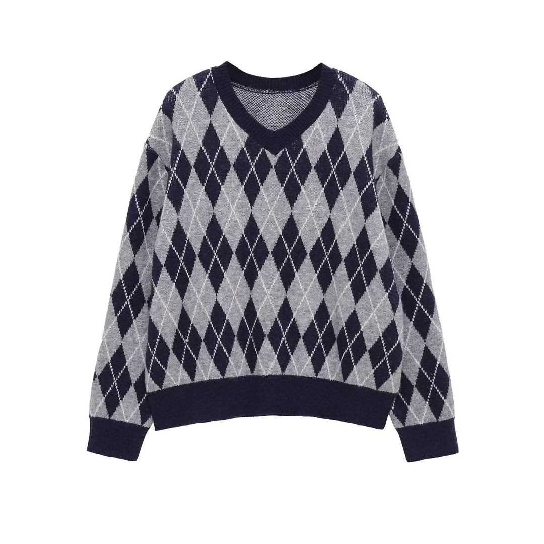Damen Argyle V-Ausschnitt Strickpullover mit Rautenmuster Drune