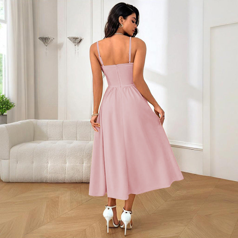 Damen elegantes Maxikleid mit taillierter Silhouette und feinen Trägern Drune