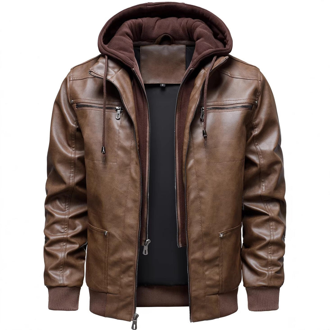 Herren Sportliche Lederjacke mit Kapuze Drune