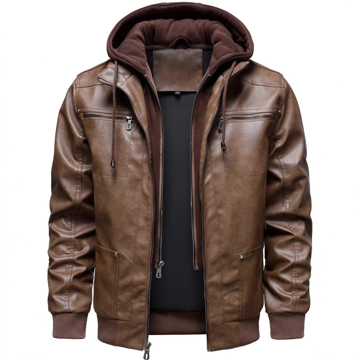 Herren Sportliche Lederjacke mit Kapuze Drune