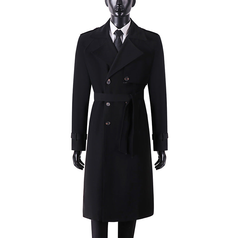 Herren Langer Minimalistischer Trenchcoat mit Sturmklappe Taillengürtel und verstellbaren Manschetten Drune