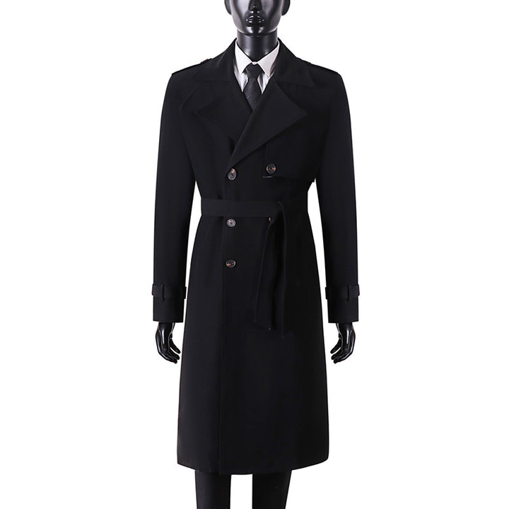 Herren Langer Minimalistischer Trenchcoat mit Sturmklappe Taillengürtel und verstellbaren Manschetten Drune