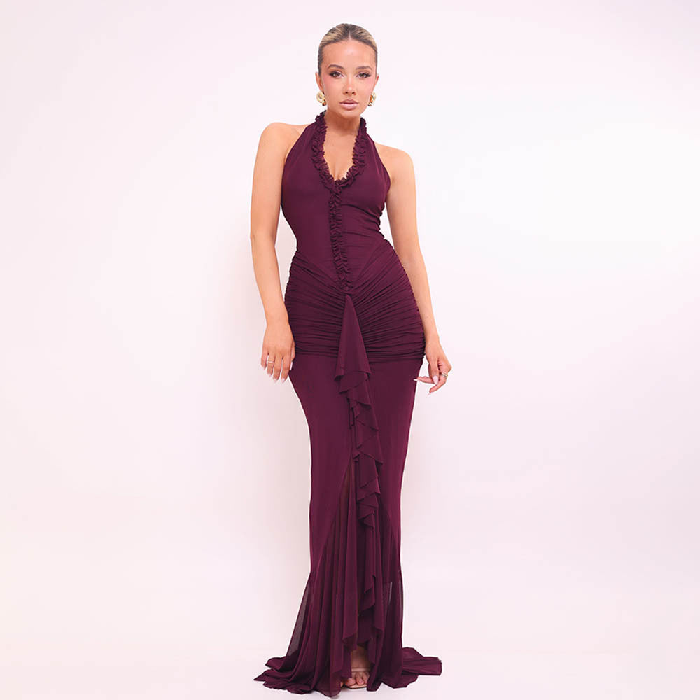 Damen Maxikleid mit tiefem V-Ausschnitt und elegantem Rüschendesign Drune