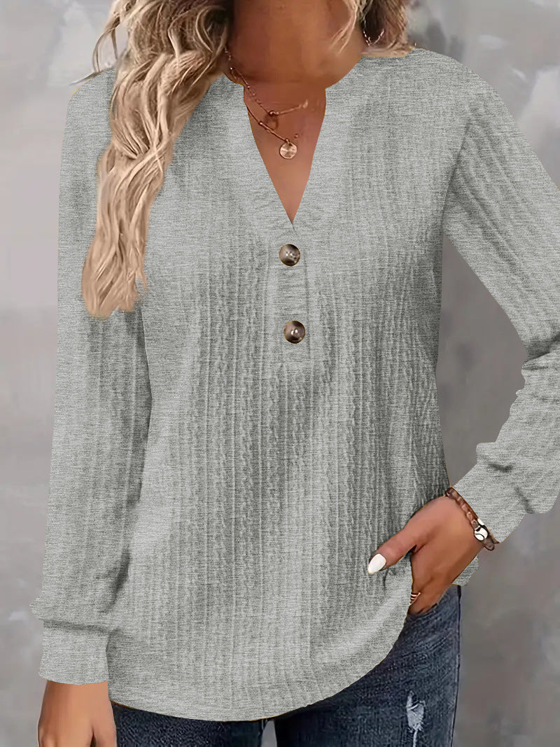 Damen Strukturiertes V‑Neck Langarmshirt mit Zierknopfleiste Drune