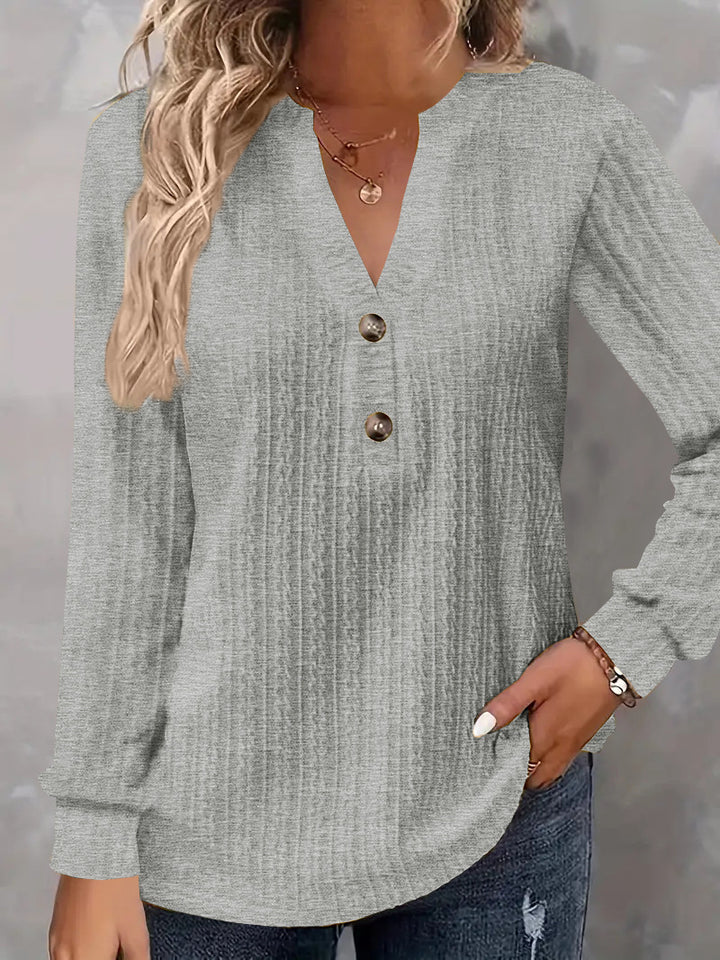 Damen Strukturiertes V‑Neck Langarmshirt mit Zierknopfleiste Drune