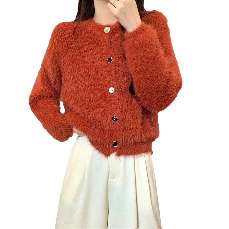 Damen kuschelige Strickjacke mit Knöpfen und weichem Fellstruktur Drune