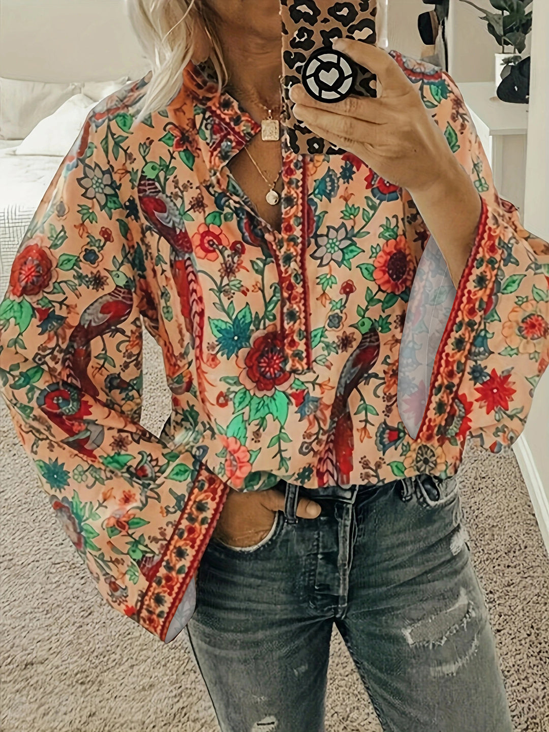 Damen Bluse mit floralem Muster und weitem Ärmel Drune