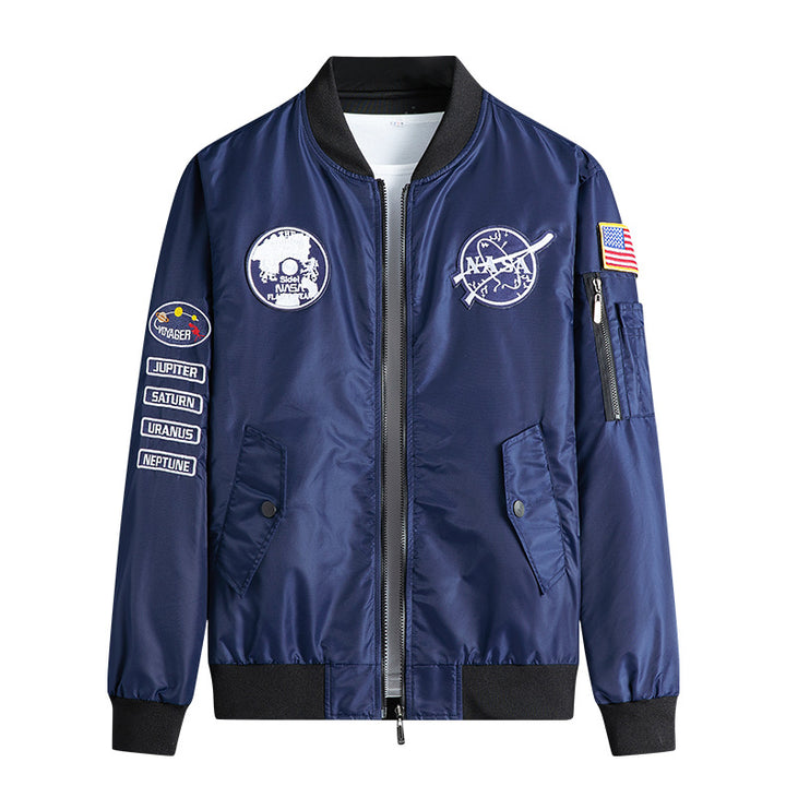 Herren  leichte Mikroschalen-Mission-Patch-Flug-Bomberjacke mit schrägen Klappentaschen und Ärmelreißverschluss Drune