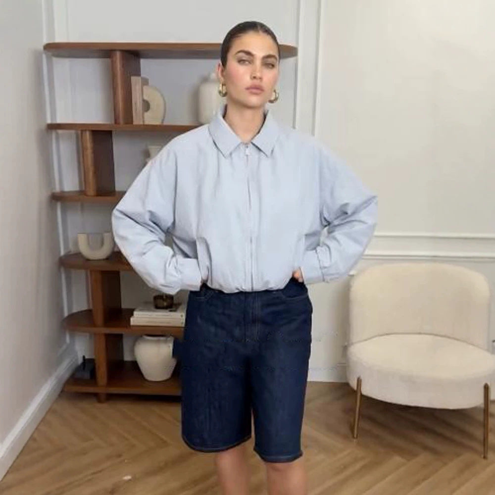 Damen Kurze Boxy-Hemdjacke mit Reißverschluss und elastischem Saum Drune