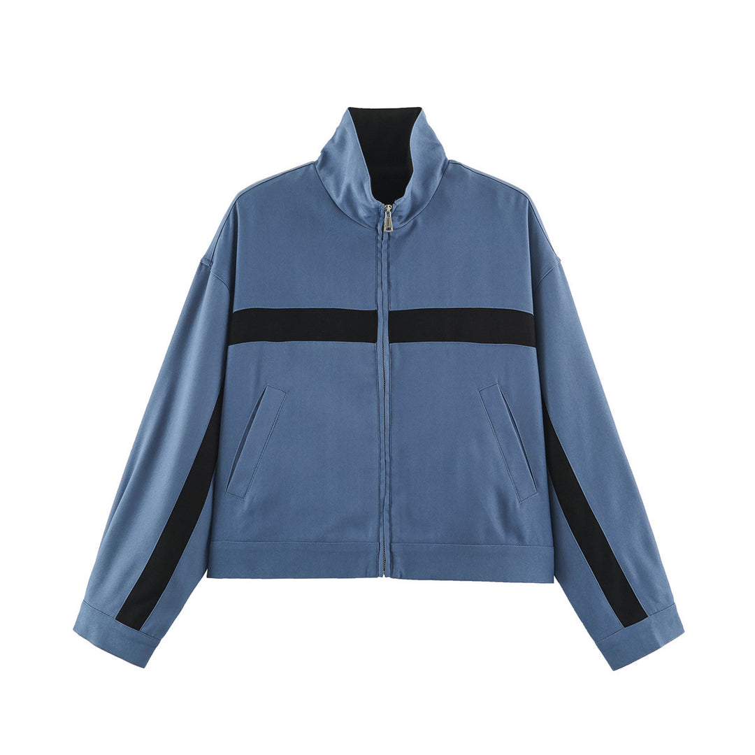 Damen Boxy-Cropped-Übergangsjacke mit Stehkragen, kontraststreifen und Eingrifftaschen Drune