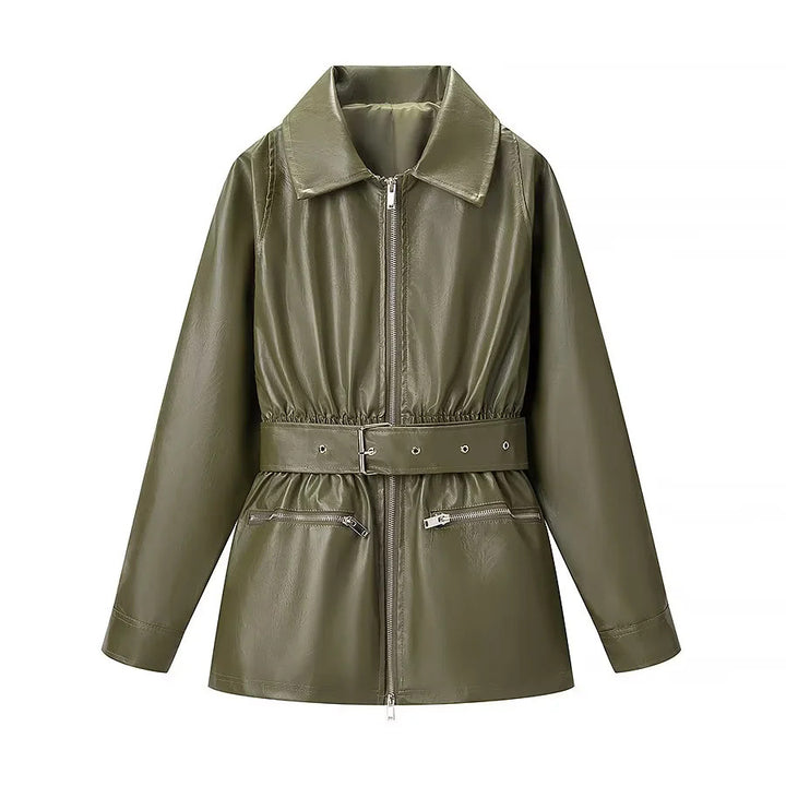 Damen nan taillierte Kunstleder-Fieldjacke mit Bindegürtel, durchgehendem Metallreißverschluss und zwei Reißverschlusstaschen Drune