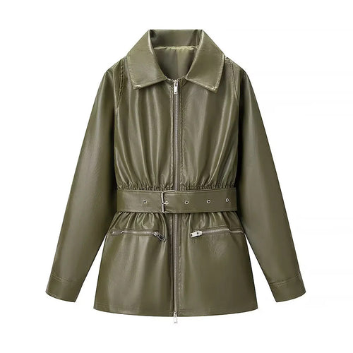 Damen nan taillierte Kunstleder-Fieldjacke mit Bindegürtel, durchgehendem Metallreißverschluss und zwei Reißverschlusstaschen Drune