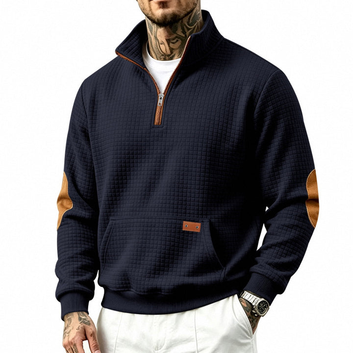 Herren Texturierter Halbzip-Sweat mit Waffelstruktur, Kängurutasche und Leder-Ellbogenbesatz Drune