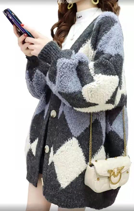 Damen Grobstrickjacke mit dekorativem Rautenmuster und komfortablem Schnitt Drune