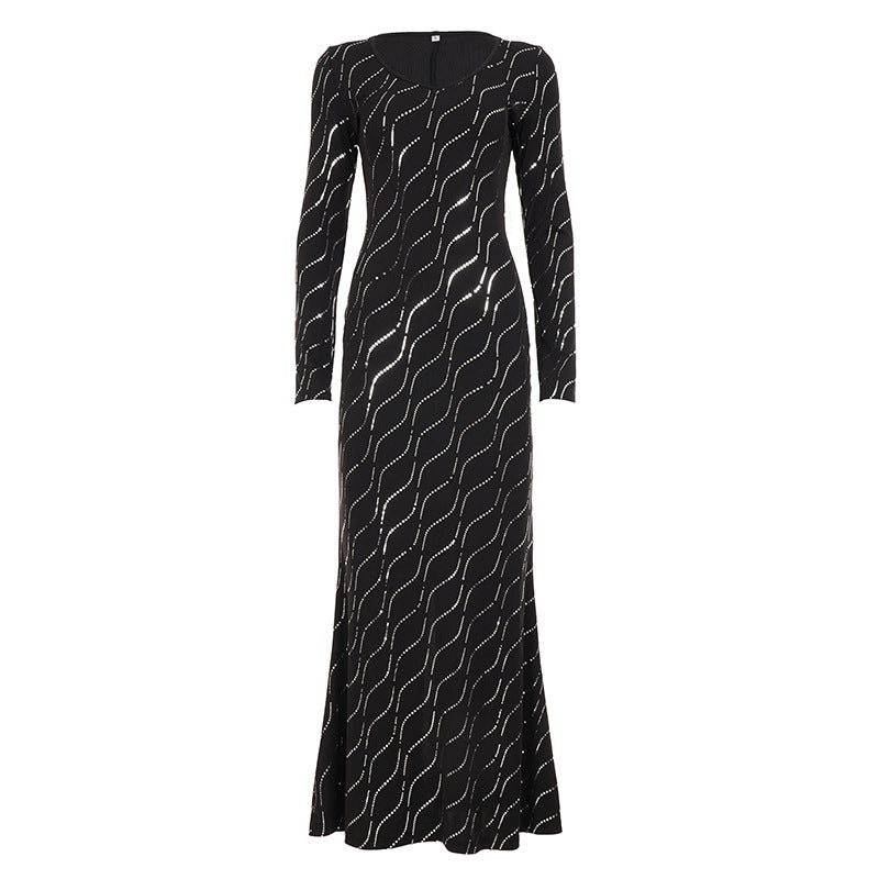 Damen nan langärmeliges Bodycon-Mermaid-Abendkleid mit Wellen-Strassbesatz Drune
