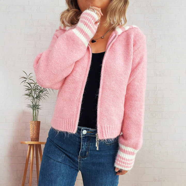Damen kuschelige Strickjacke mit stilvollem Reißverschluss und modischen Streifen Drune