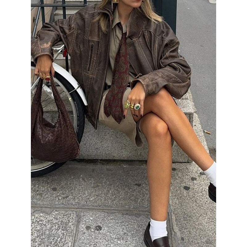 Damen Lässige Lederjacke im Vintage-Stil mit elastischem Bund Drune