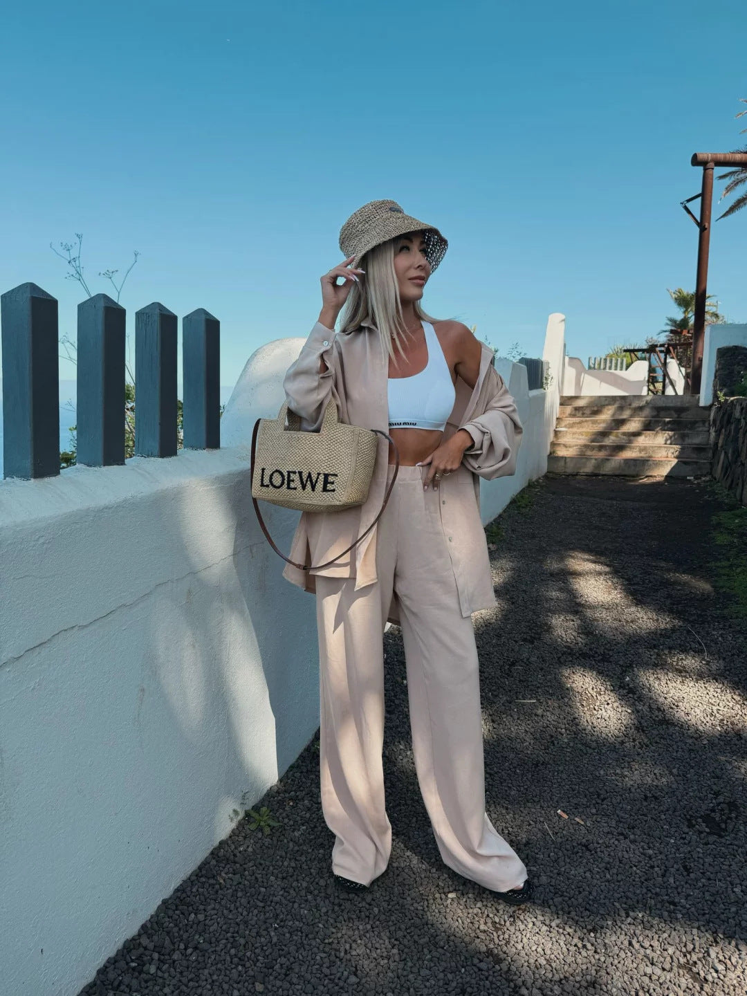 Damen legeres Leinen-Lounge-Set mit Hemdjacke im Oversize-Schnitt und weitem Bundfaltenhose Drune