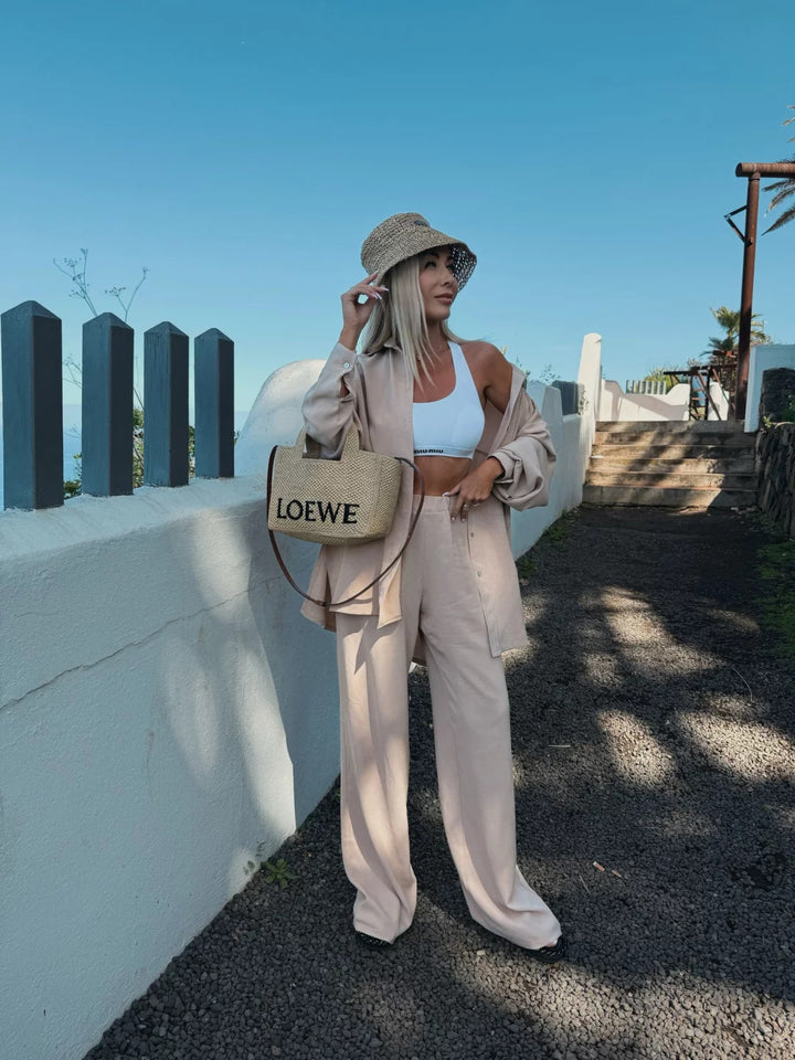 Damen legeres Leinen-Lounge-Set mit Hemdjacke im Oversize-Schnitt und weitem Bundfaltenhose Drune