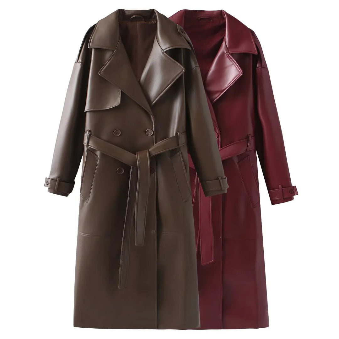 Damen nan taillierter veganer Trenchcoat aus Lederimitat mit Schalkragen und Bindegürtel Drune